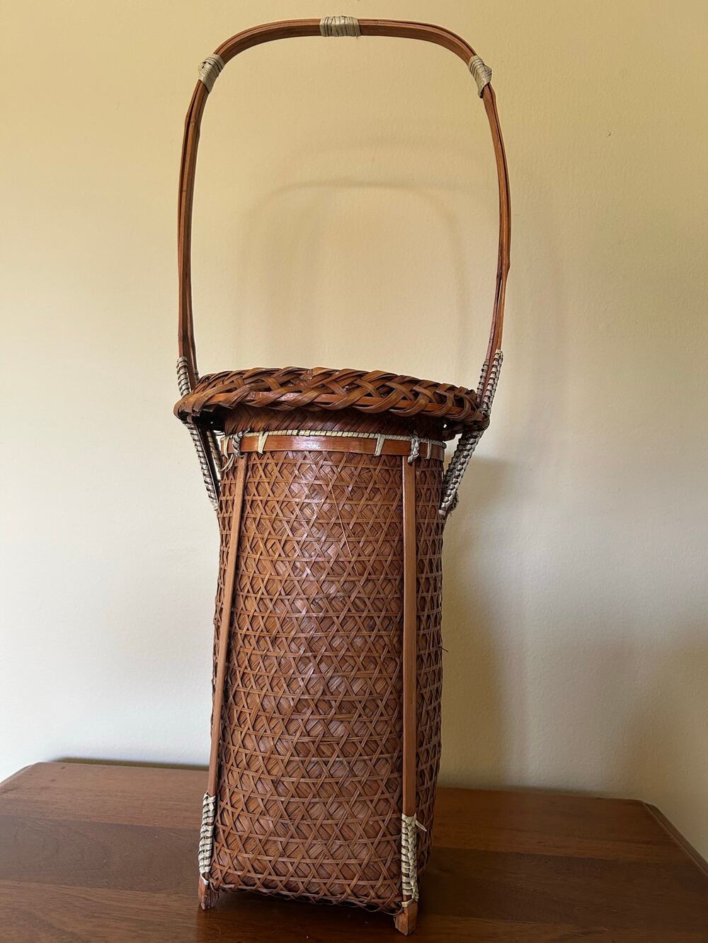 Vintage Japanese Ikebana Bamboo Flower Basket with Arch Handle